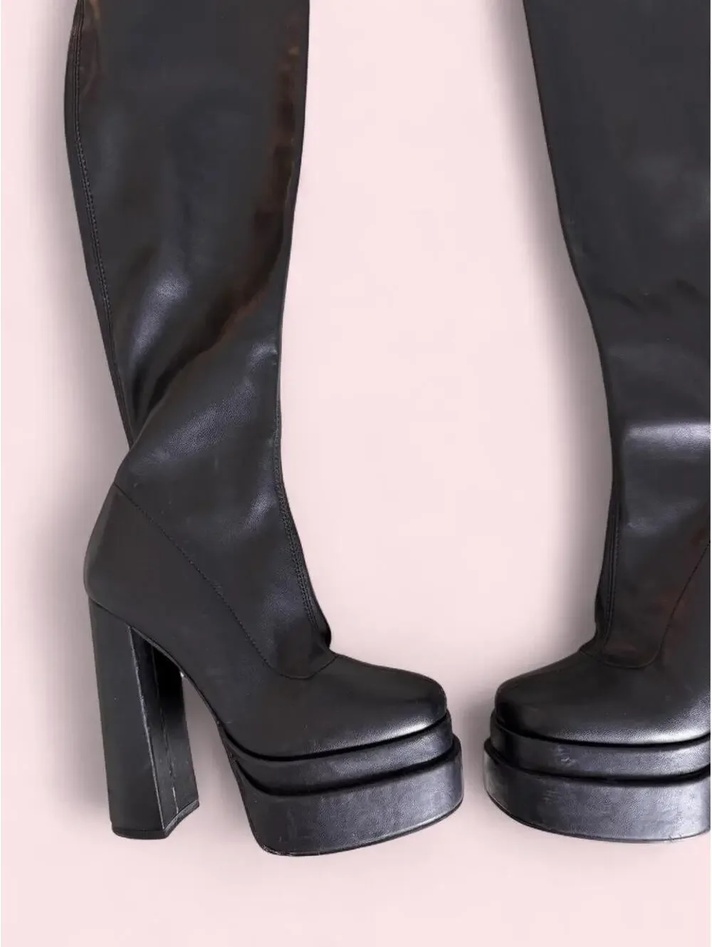 Black leather thigh high boots with platform and chunky heel